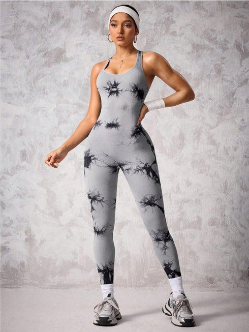 Back Crisscross Tie-Dye Scoop Neck Active Jumpsuit - Odaingerous